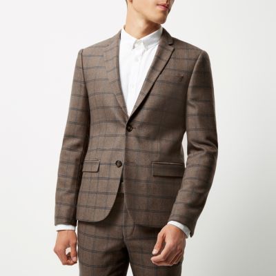 Ecru checked cropped skinny suit jacket
